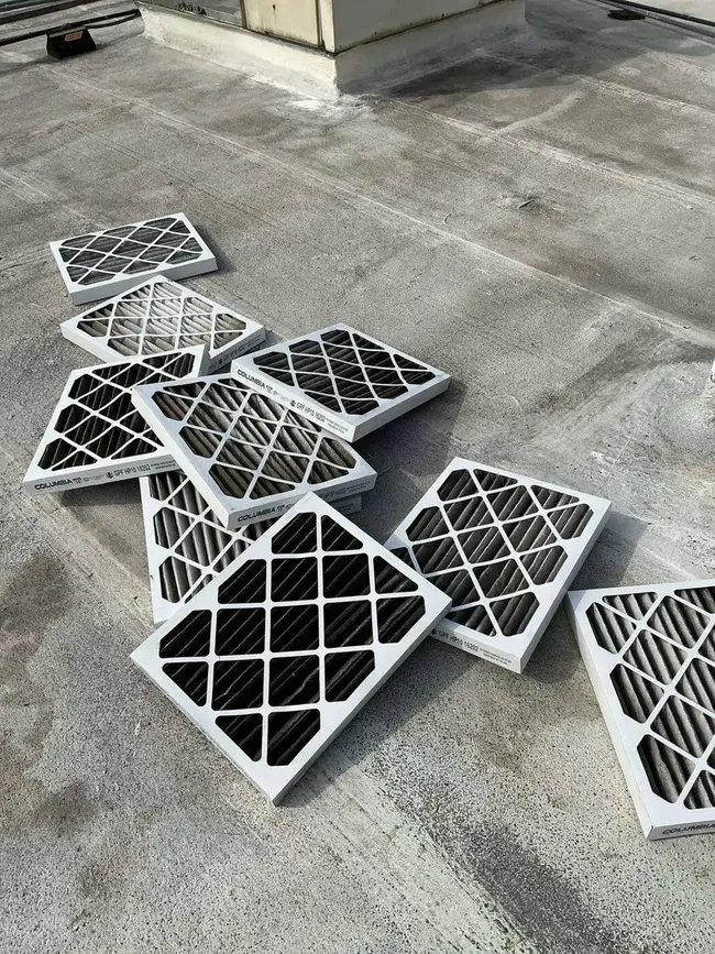 Pleated air filters removed from commercial package units during preventive maintenance in Campbell, CA 95008