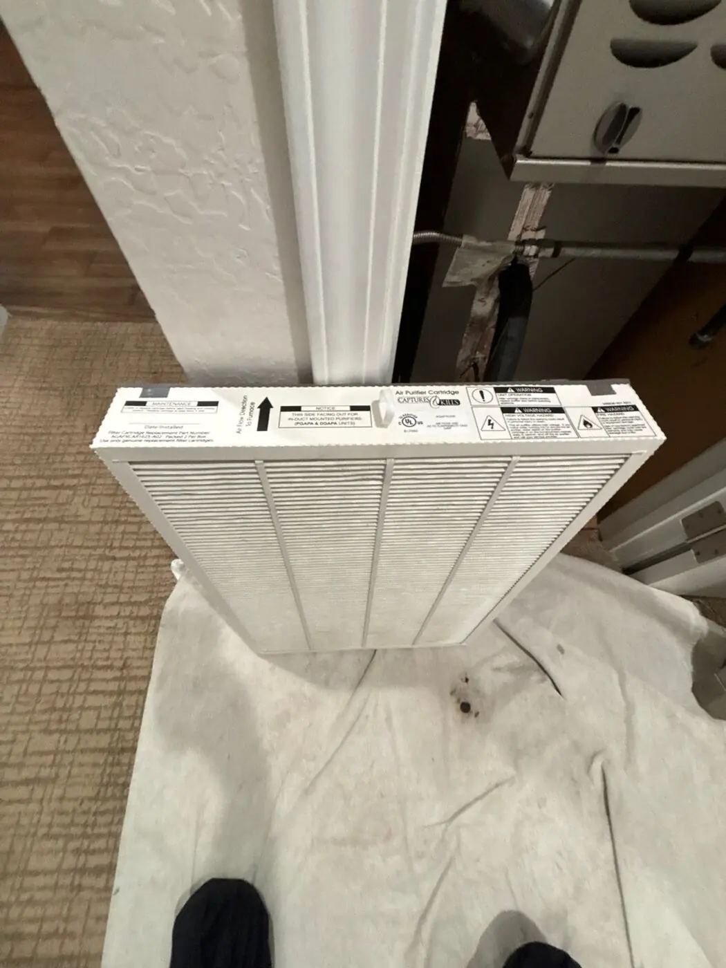 In-duct air purifier filter cartridge installed in an indoor HVAC system in Mountain View, CA 94040