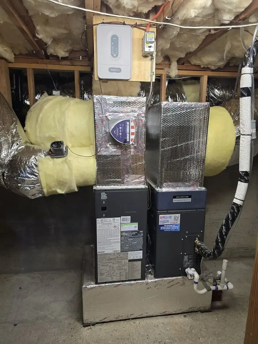 Indoor air handler and ductwork installed in the attic for a San Jose heat pump system
