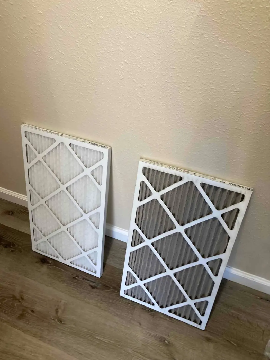Clean pleated air filter next to a used, dust-loaded pleated air filter in Santa Clara, CA 95051